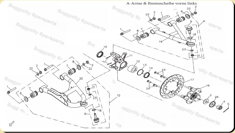 A-Arme & Bremsscheibe, vorne links, Adly ATV Conquest 600 4x4